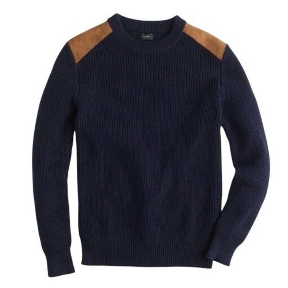 J.Crew Mens Woodsman Sweater Size‎ XL Crew Neck Navy Blue Suede Shoulder Patches